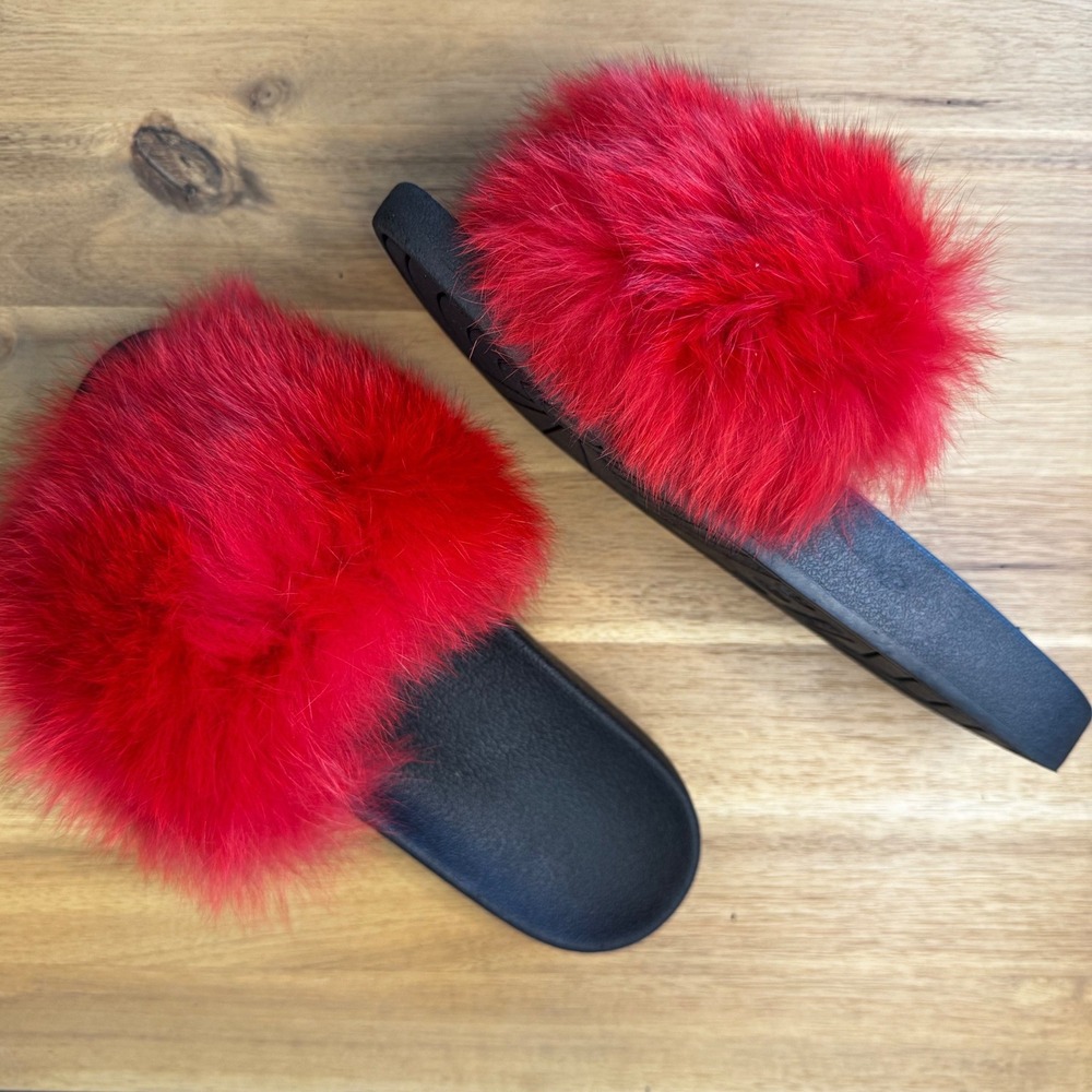 Red Fox Fur Slides Women 9 Fluffy Slip On Casual Slipper Sandals LMS-16819 USA